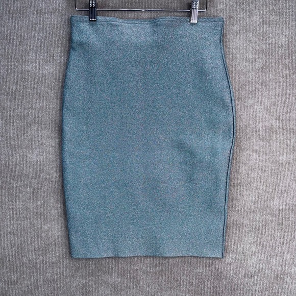 Wow Couture Teal Blue Metallic Lurex Glitter Bodycon Pull On Pencil Skirt Medium